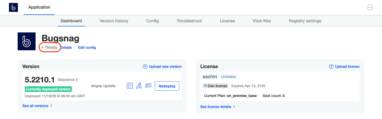 Screenshot of dashboard showing deployed version ready
