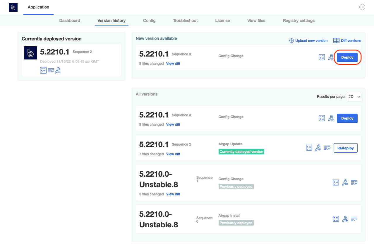 Screenshot of version listing highlighting deploy button