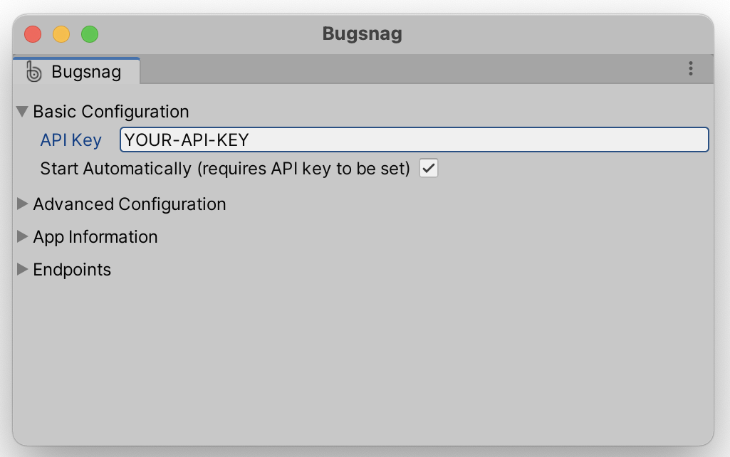 BugSnag Configuration window