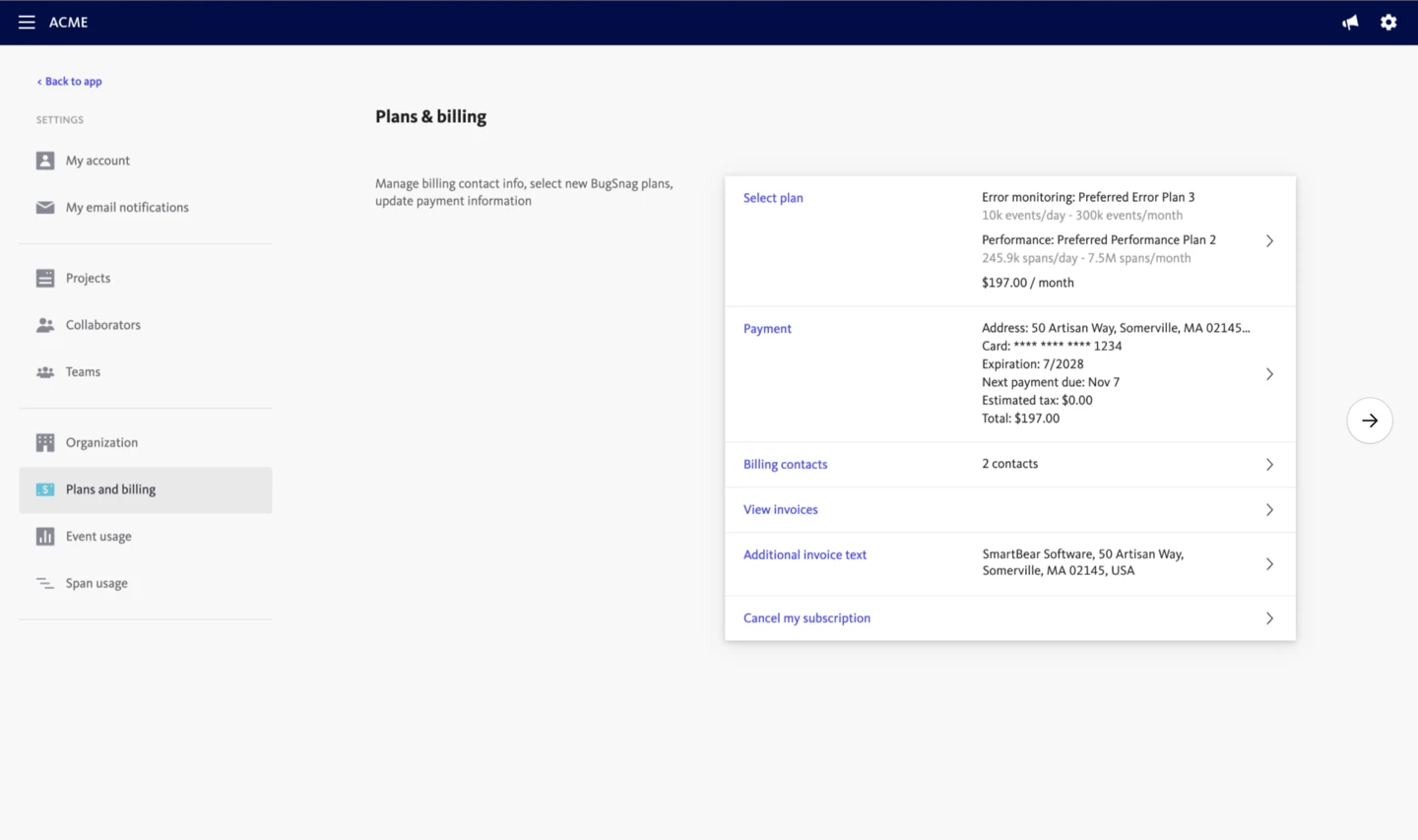 BugSnag Plans and Billing Settings