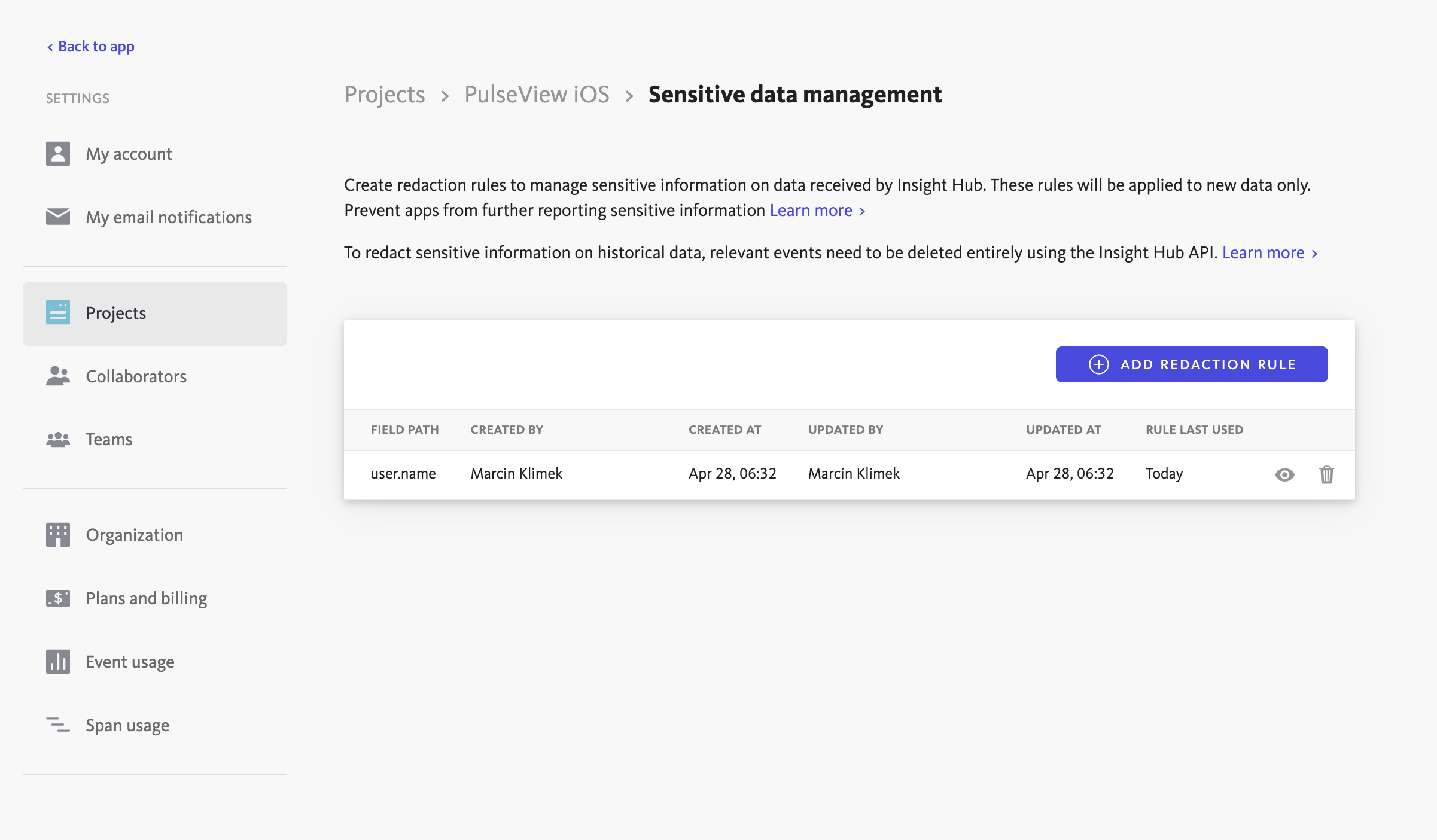 Sensitive data management settings