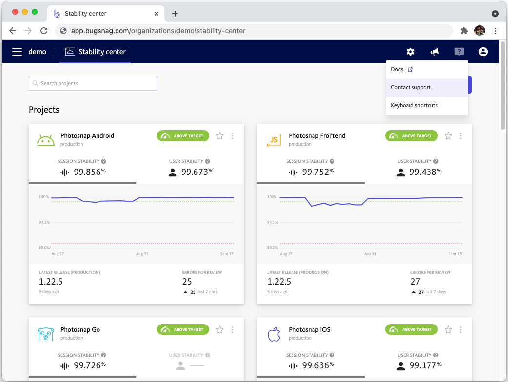 Getting help through the BugSnag dashboard